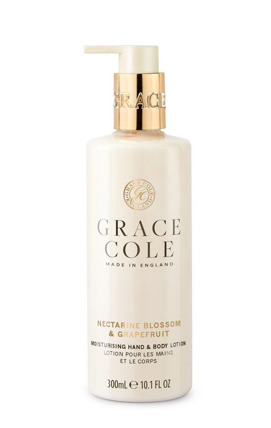 Grace Cole Nectarine Blossom & Grapefruit body lotion bottle, 300ml, with pink and orange floral design on the label.