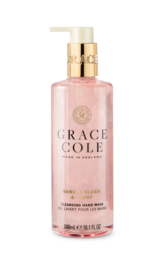 Grace Cole Vanilla Blush & Peony hand wash bottle, 300ml, featuring floral design and elegant packaging for hand care.