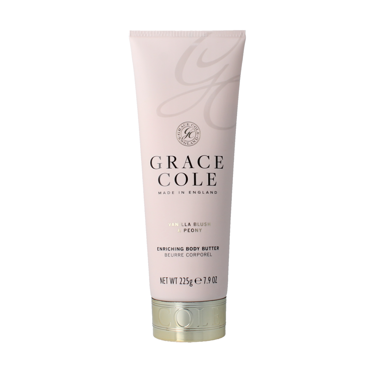 Grace Cole Vanilla Blush & Peony body butter jar, 225g, with floral scent, creamy texture, and elegant packaging.