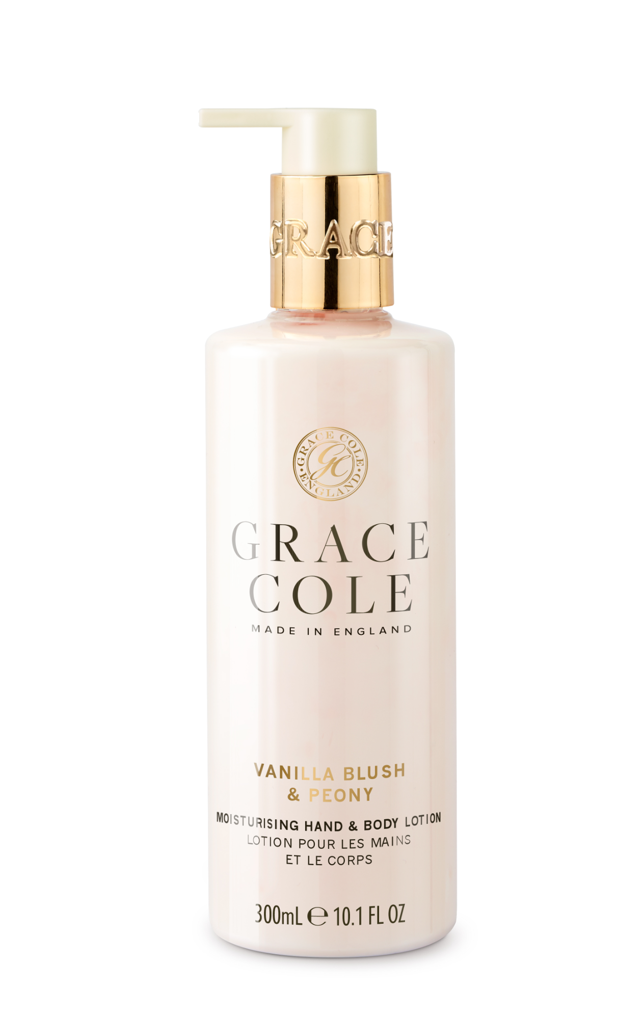 Grace Cole Vanilla Blush & Peony hand and body lotion bottle, 300ml, featuring elegant packaging and floral design.