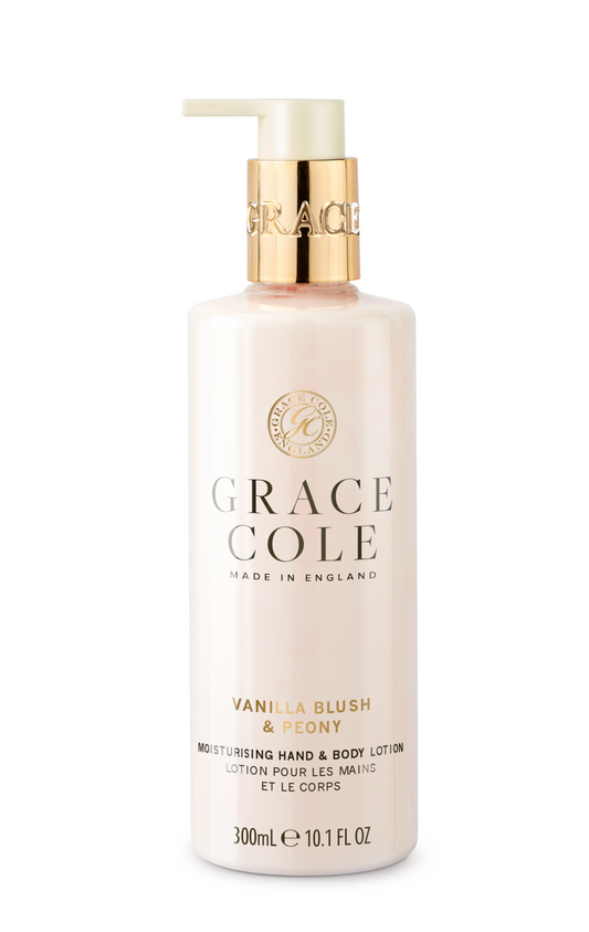 Grace Cole Vanilla Blush & Peony hand and body lotion bottle, 300ml, featuring elegant packaging and floral design.