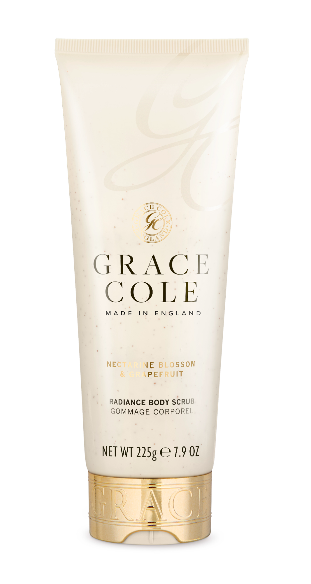 Grace Cole Nectarine Blossom & Grapefruit body scrub in a 225g jar, showing the pink and orange textured scrub with floral and citrus accents.