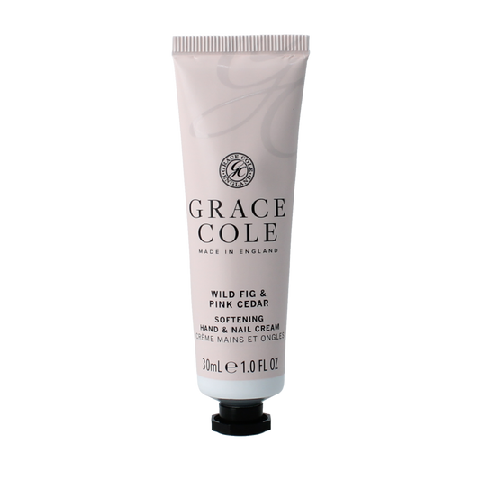 Grace Cole Wild Fig & Cedar hand and nail cream tube, 30ml, featuring a sleek design with natural ingredients for nourishing skin