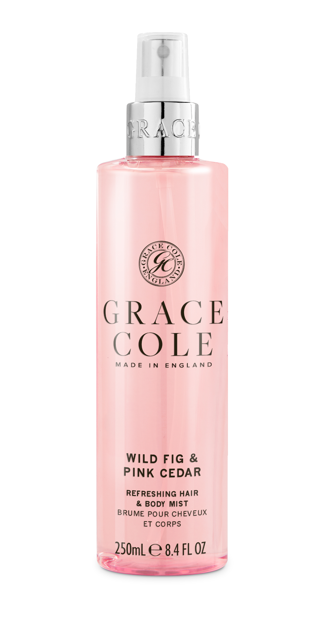 Grace Cole Wild Fig & Cedar hair and body mist bottle, 250ml, with a sleek, clear design and botanical-inspired label.
