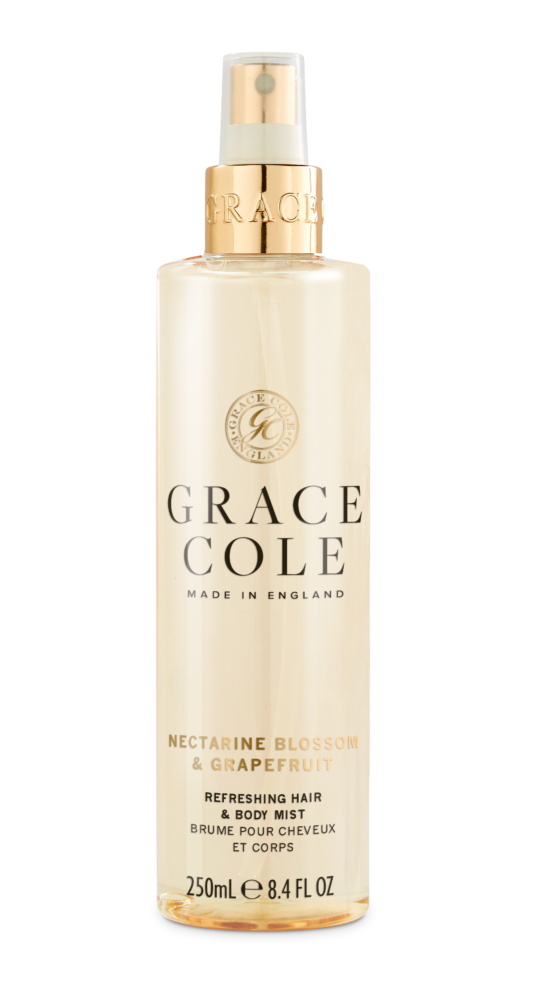 Grace Cole Nectarine Blossom & Grapefruit hair and body mist bottle, 250ml, with floral and citrus scent, skincare product.