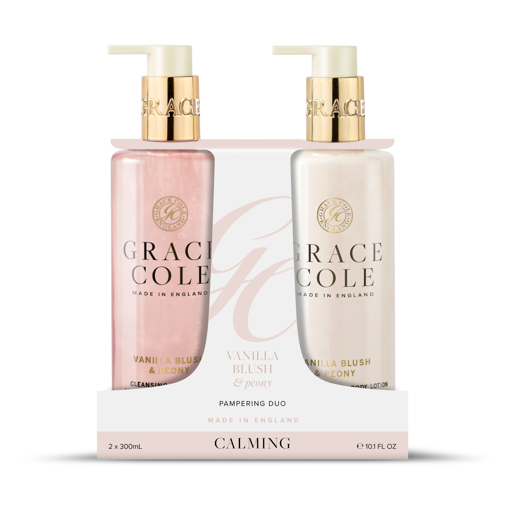 Grace Cole Vanilla Blush & Peony handcare duo with two bottles of luxurious hand moisturizer and care products.