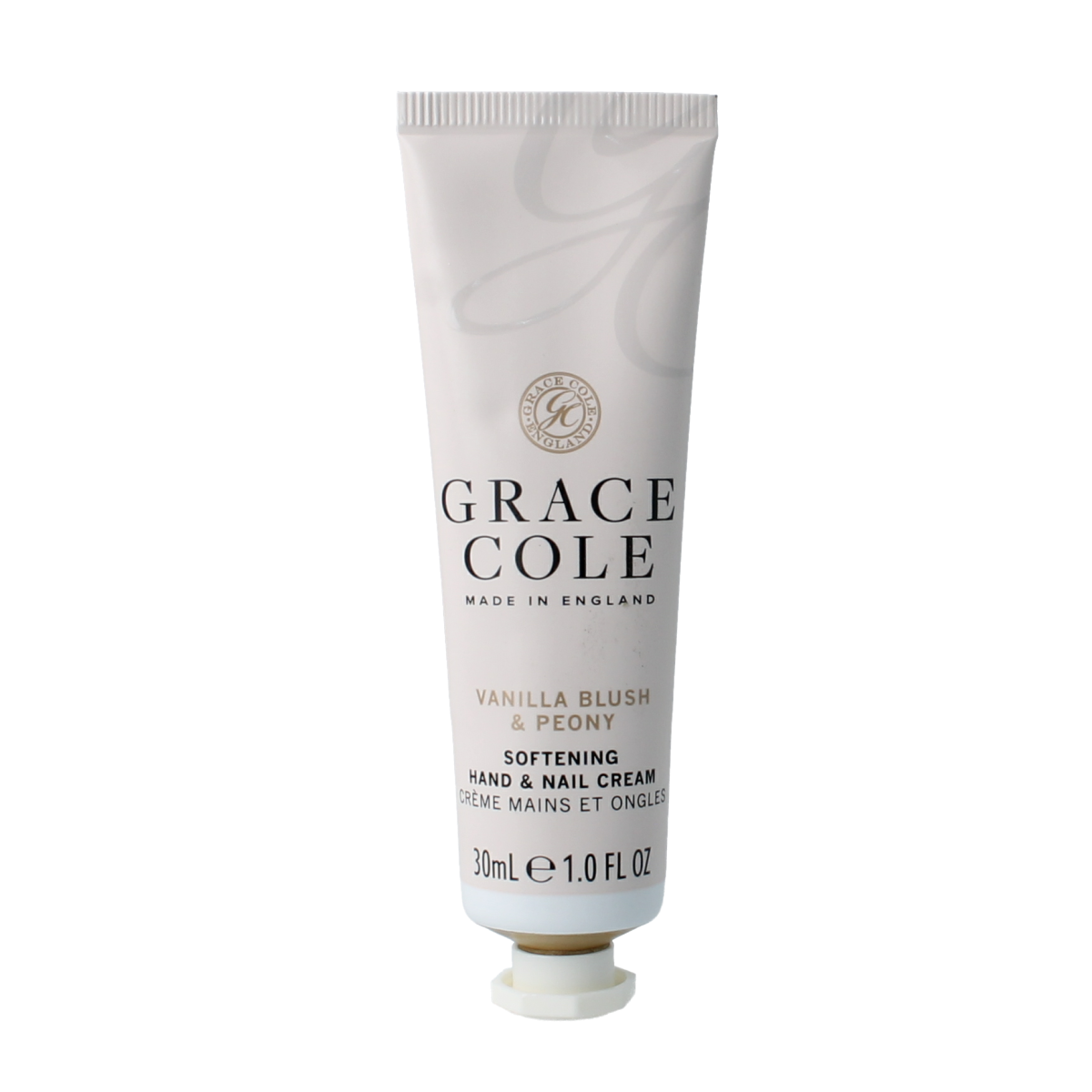 Grace Cole Vanilla Blush & Peony hand and nail cream tube, 30ml, with floral design and elegant packaging.