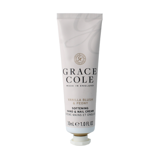 Grace Cole Vanilla Blush & Peony hand and nail cream tube, 30ml, with floral design and elegant packaging.