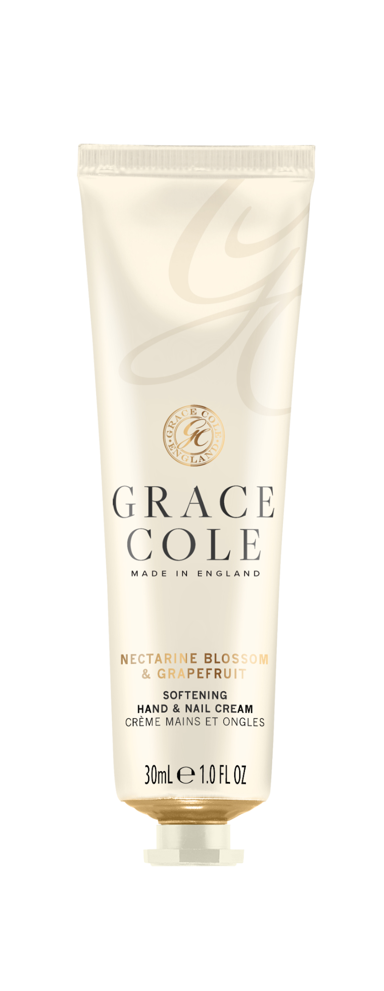 Grace Cole Nectarine Blossom & Grapefruit hand and nail cream in 30ml tube, showcasing the luxurious skincare product.