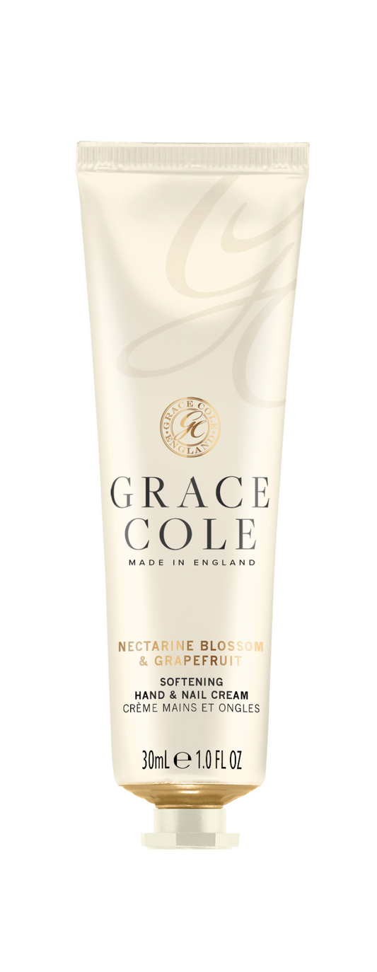 Grace Cole Nectarine Blossom & Grapefruit hand and nail cream in 30ml tube, showcasing the luxurious skincare product.