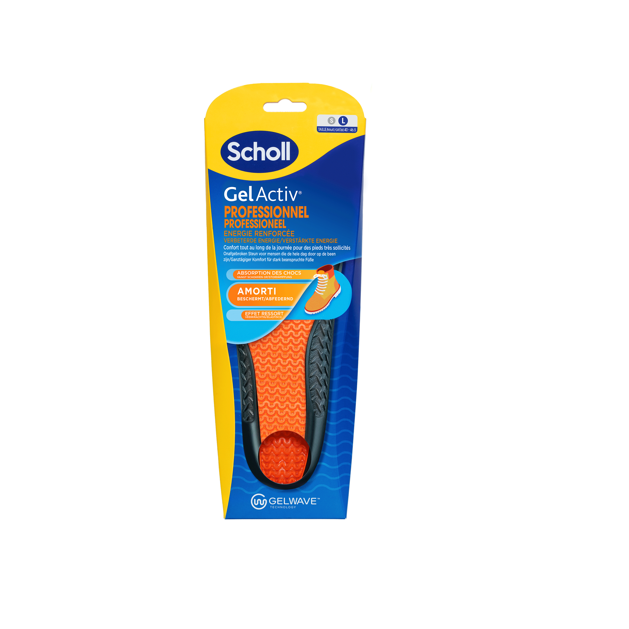 Scholl GelActive inlegzolen for work and boots, large size 40-46.5, one pair, designed for comfort and support.