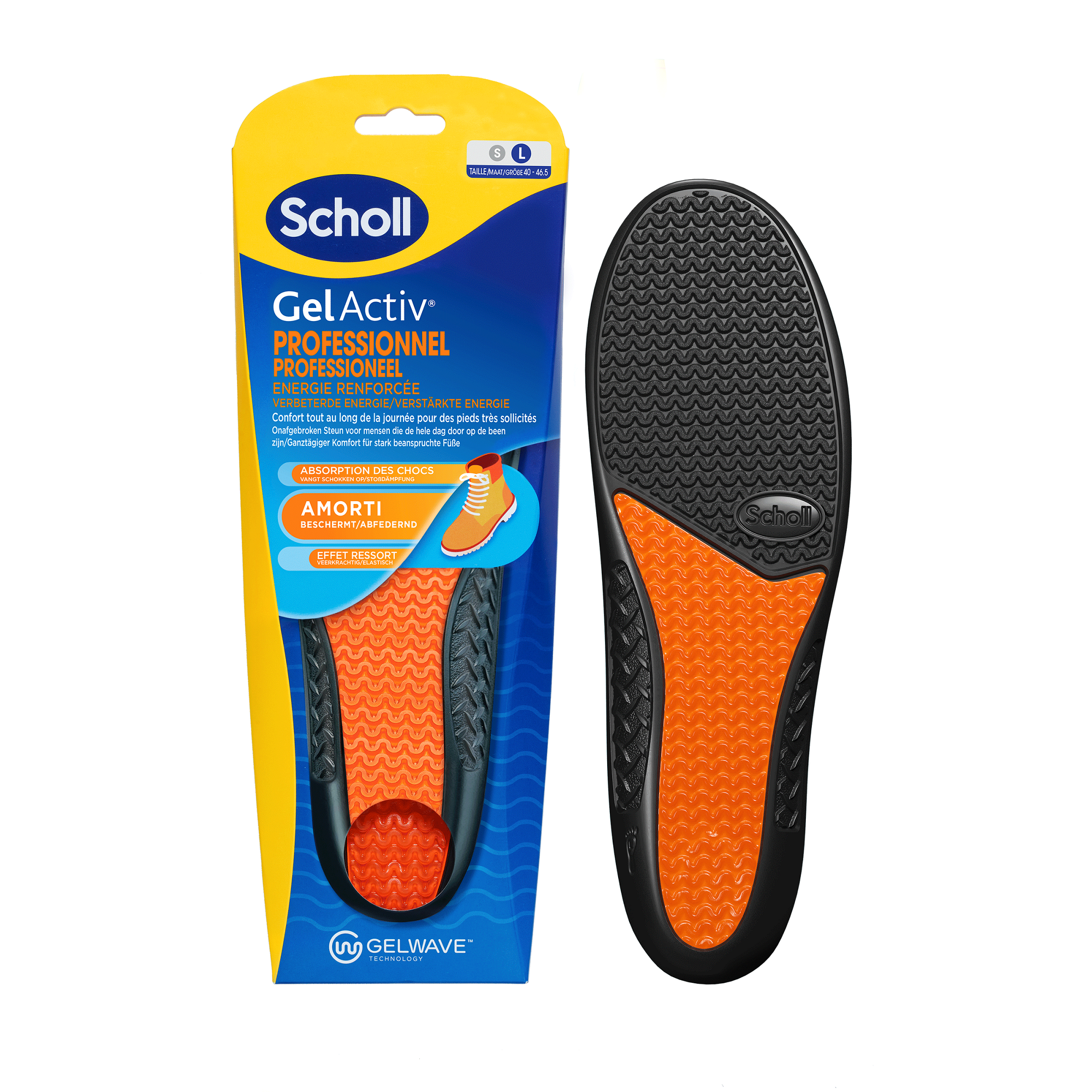 Scholl GelActive inlegzolen for work and boots, size 40-46.5, pair of comfortable orthotic insoles with gel cushioning.