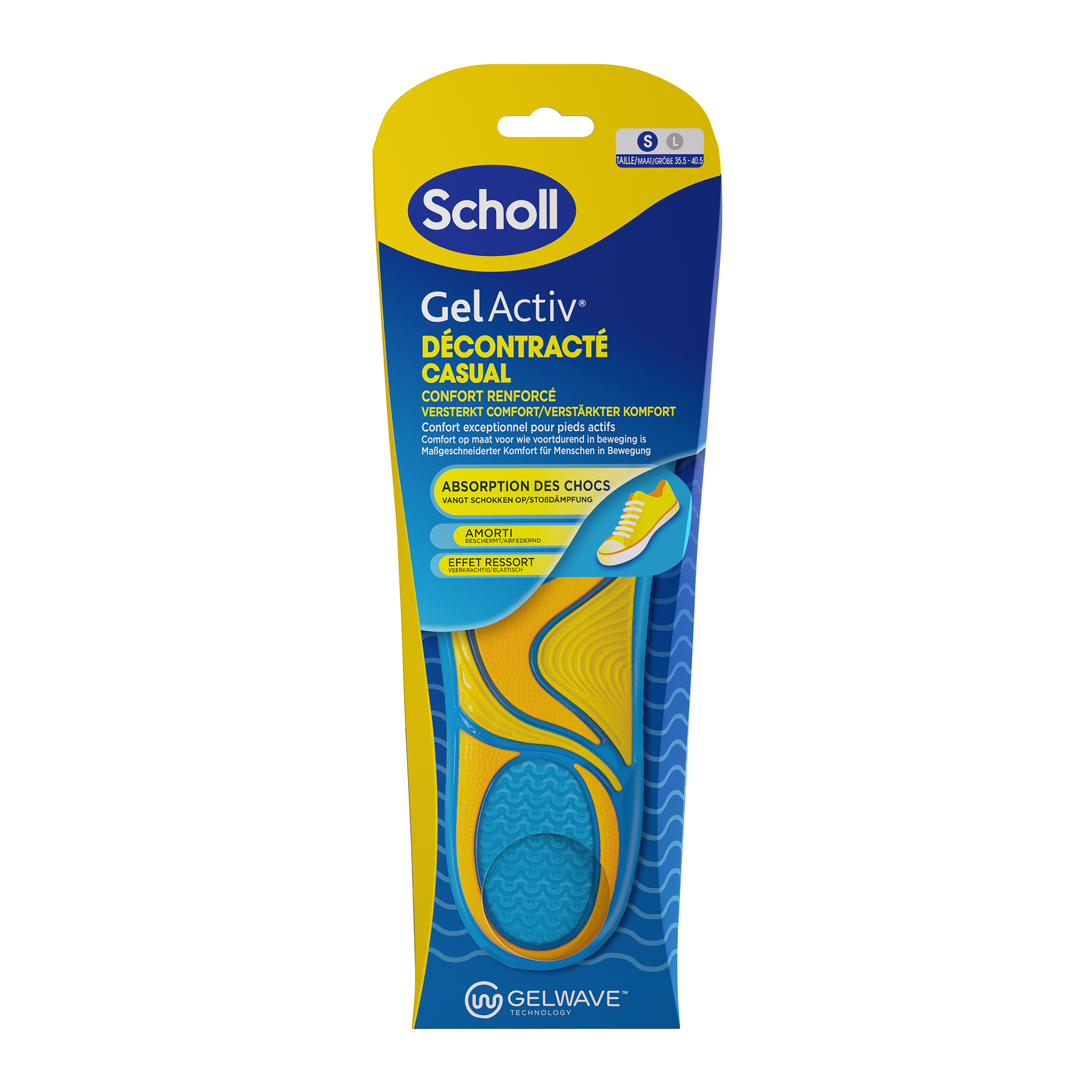 Scholl casual gel activ inlegzolen maat S 35.5-40.5, pair of comfortable orthotic insoles with gel cushioning.