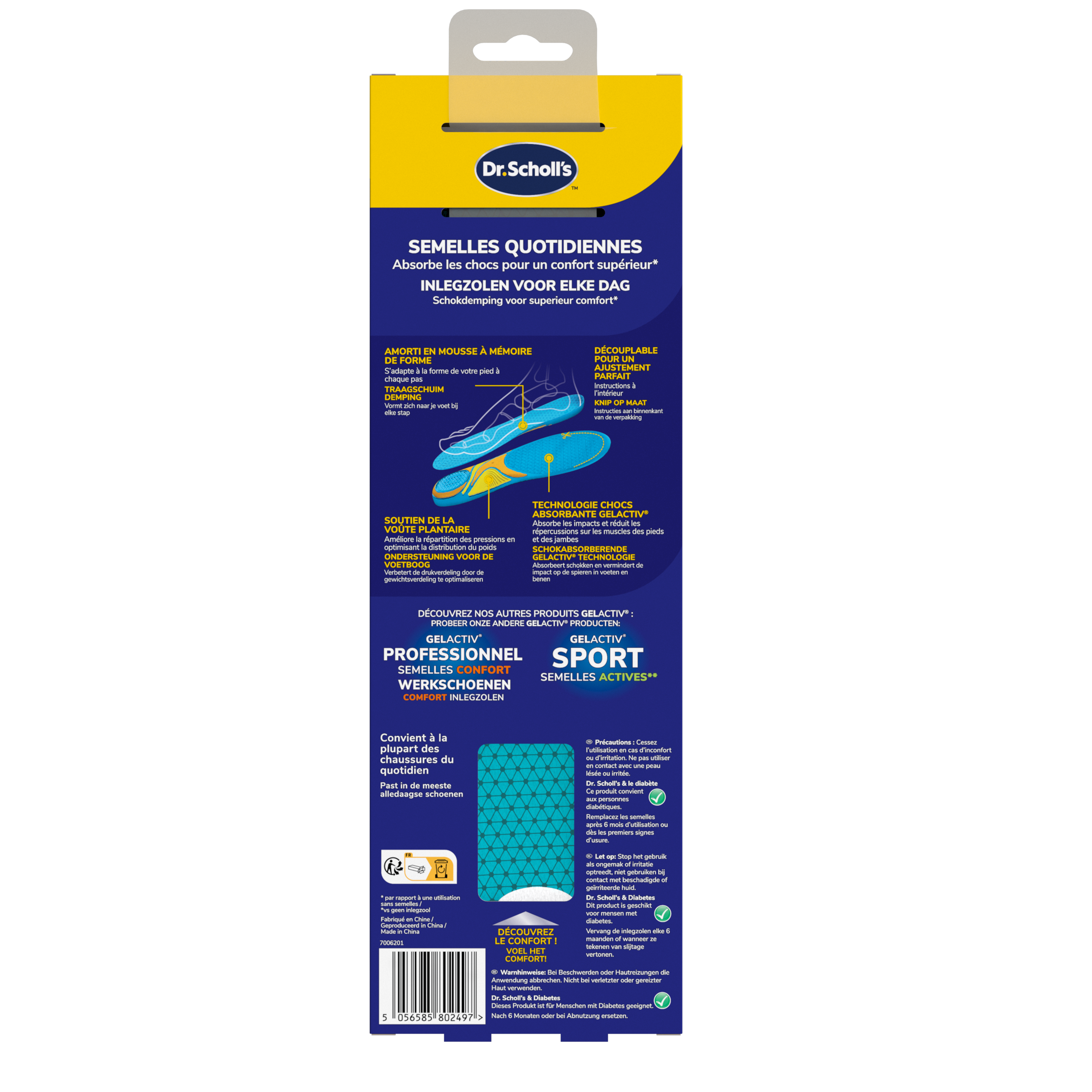 Dr. Scholl's casual gel active inlegzolen in maat L (39-45), showing the comfortable gel cushioning and insole design.