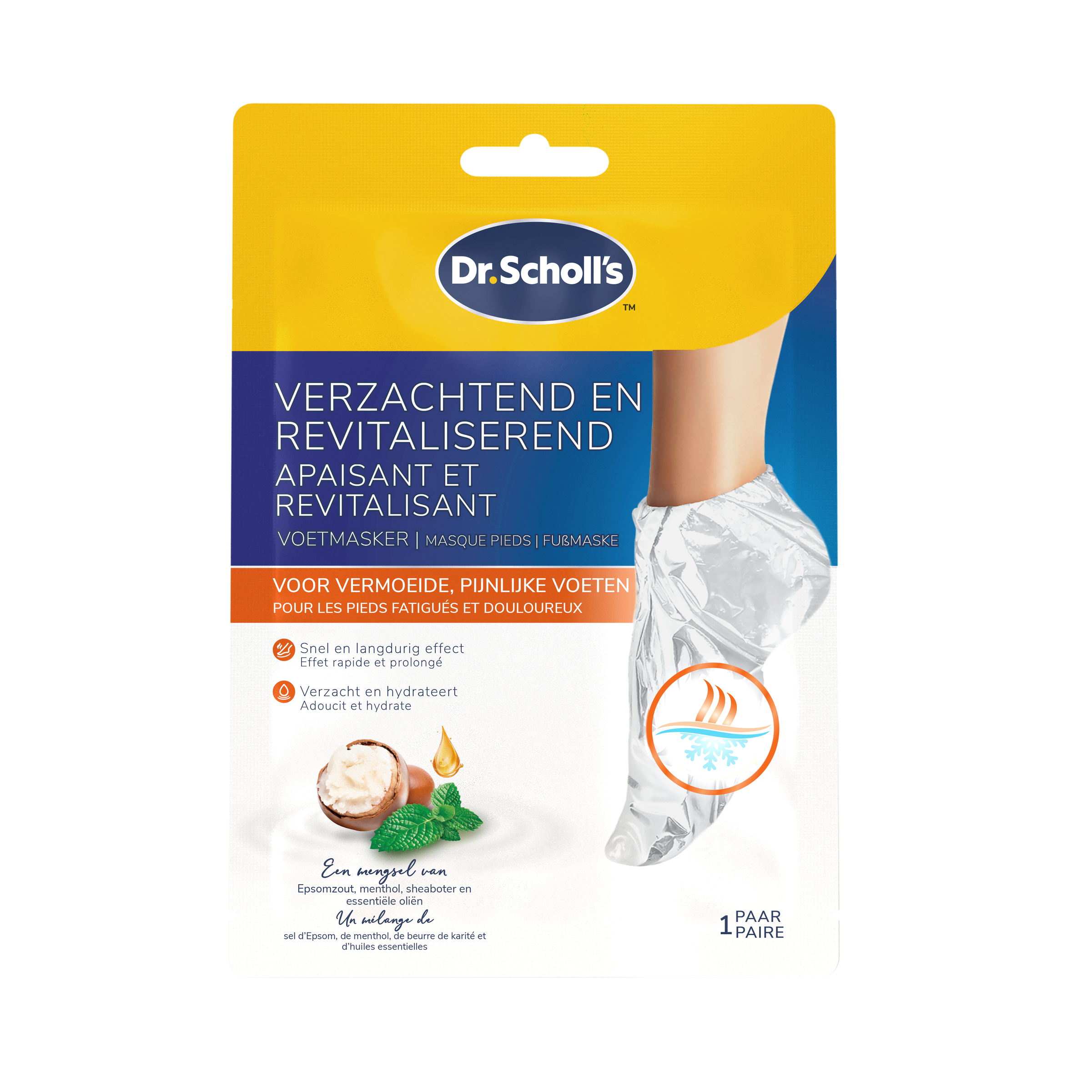 Dr. Scholl's Voetmasker for softening and revitalizing feet, shown in the image with packaging and product details.