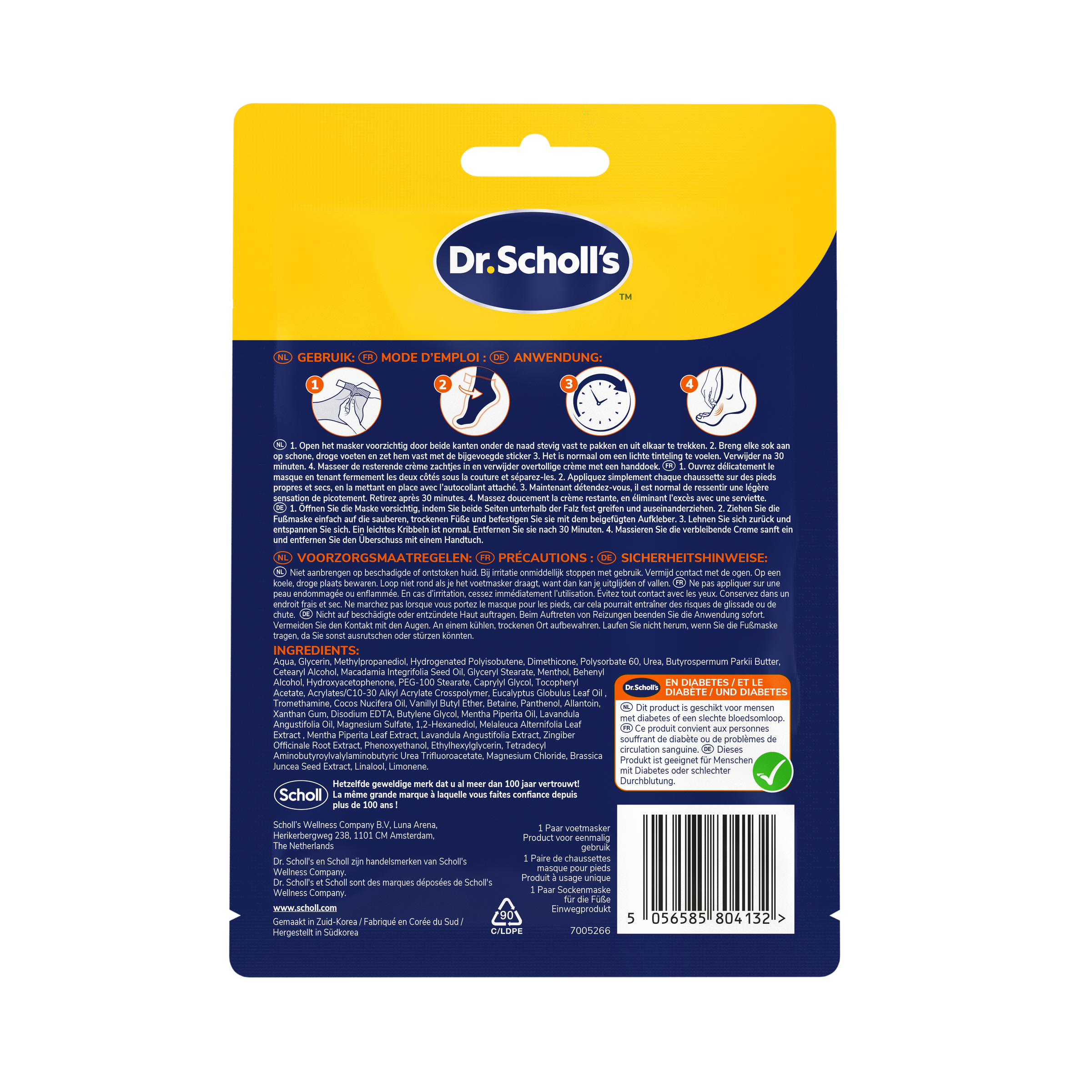 Dr. Scholl's Voetmasker verzachtend en revitaliserend voor zachte, verzorgde voeten, verpakt per paar in een verzorgingsproduct.