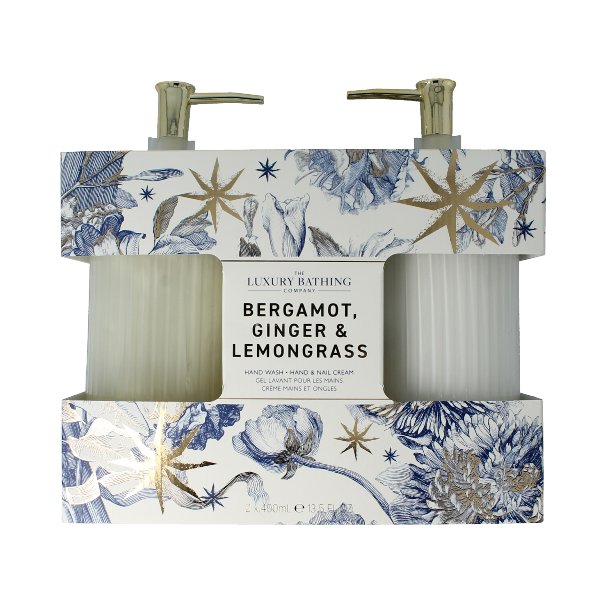 The Luxury Bathing Co Heavenly Hands hand wash and nail cream dispenser set, featuring elegant white bottles with pump tops.