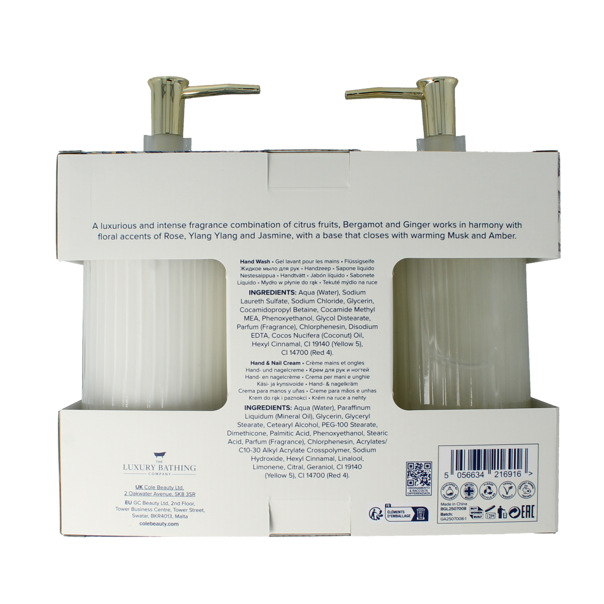 The Luxury Bathing Co Heavenly Hands hand wash and nail cream dispenser set, white pump bottles with elegant design.