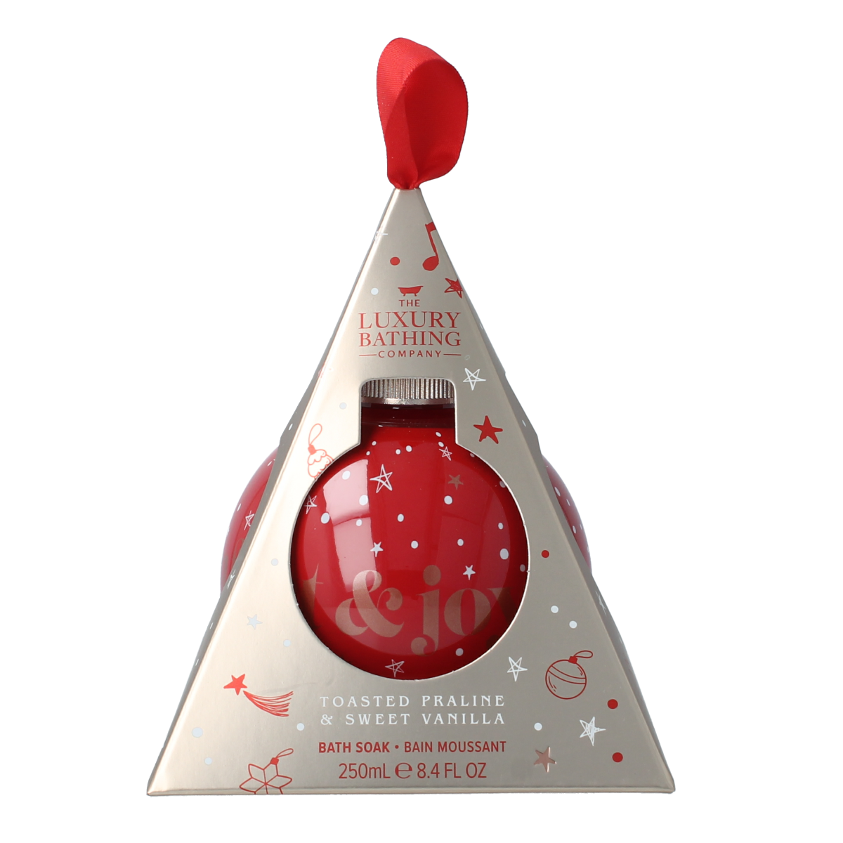 The Luxury Bathing Co Comfort & Joy bath soak bauble in a 250ml bottle, featuring a clear liquid with decorative elements inside.