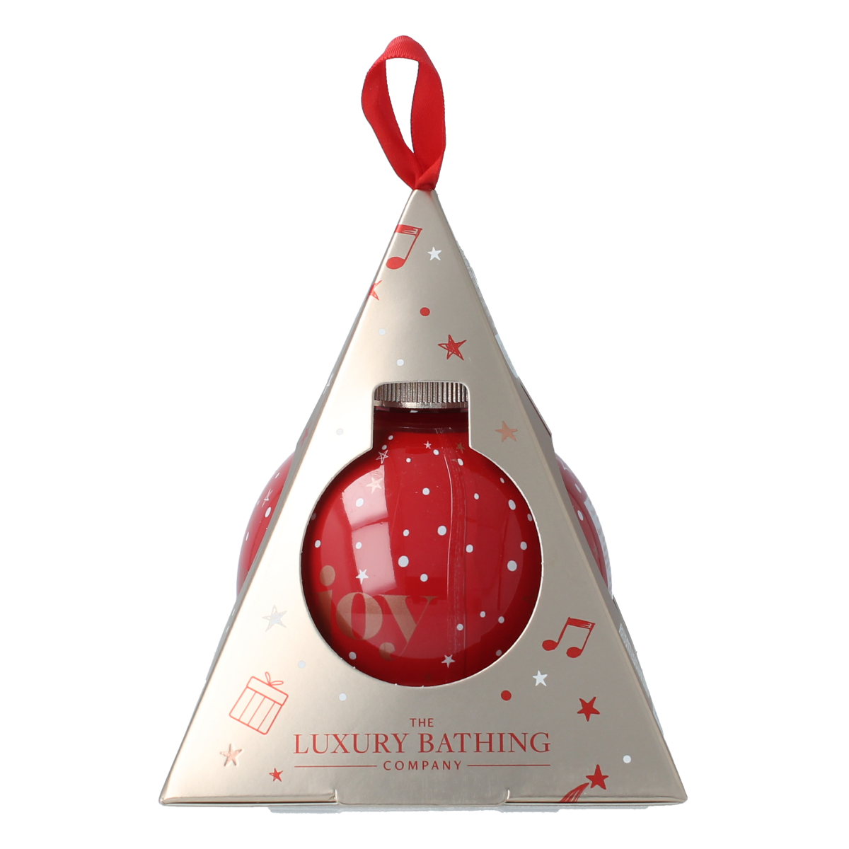 The Luxury Bathing Co Comfort & Joy bath soak bauble, 250ml, in a clear glass ornament with a festive design and bath product inside.