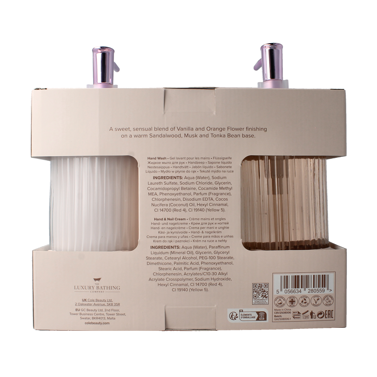 The Luxury Bathing Co Heavenly Hands Wash and Nail Cream in glass bottles, hand care products for soft, nourished skin.