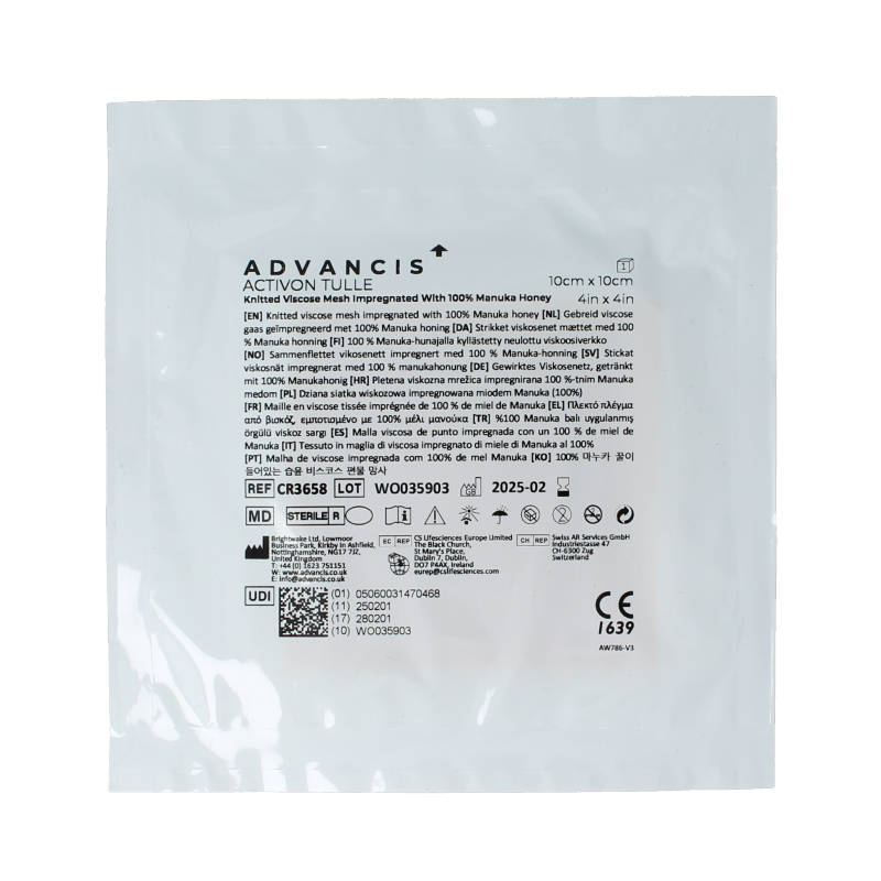 Advancis Activon Manuka gauze dressing 10x10 cm, absorbent wound dressing for medical use, shown in the product image.