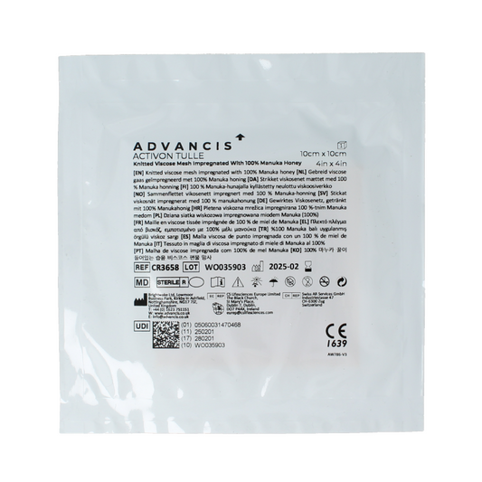 Advancis Activon Manuka gauze dressing 10x10 cm, absorbent wound dressing for medical use, shown in the product image.
