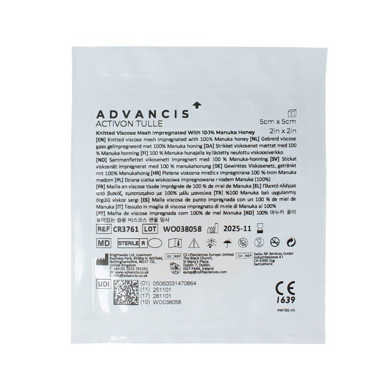 Advancis Activon Manuka gauze dressing 5x5 cm, absorbent wound bandage, sterile, for wound care and healing.