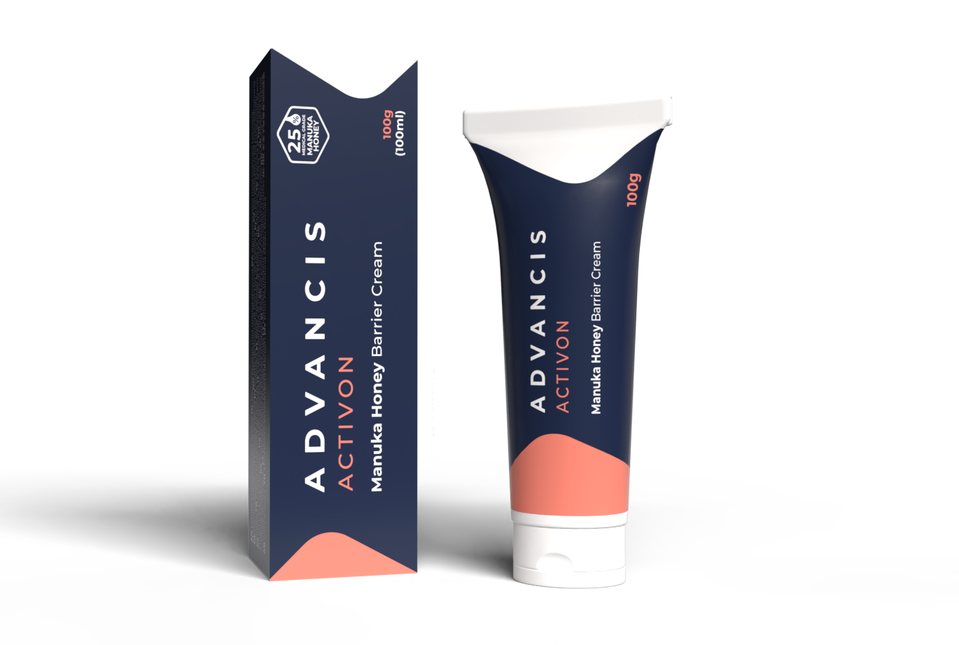 Advancis Activon Manuka Barrier Cream 100ml, a soothing body care product in a white tube with blue accents and a flip-top cap.