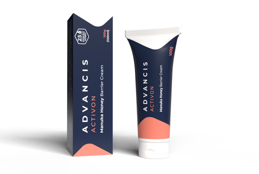 Advancis Activon Manuka Barrier Cream 100ml, a soothing body care product in a white tube with blue accents and a flip-top cap.