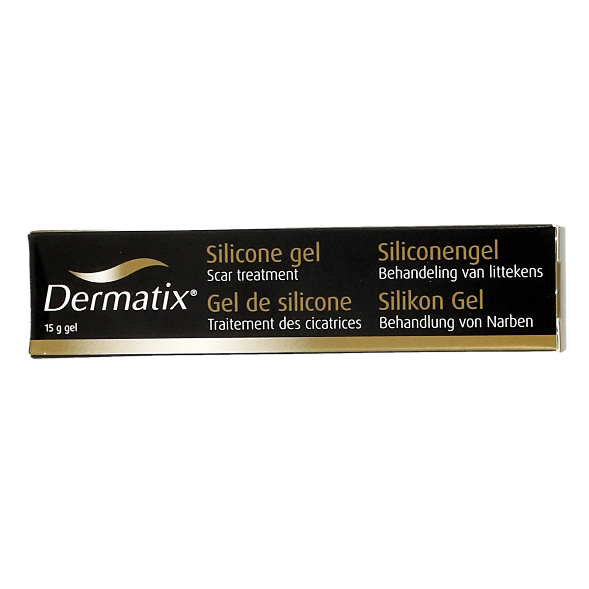 Dermatix Siliconen gel in 15g tube, a body care product for scar treatment, with clear gel visible in the image.