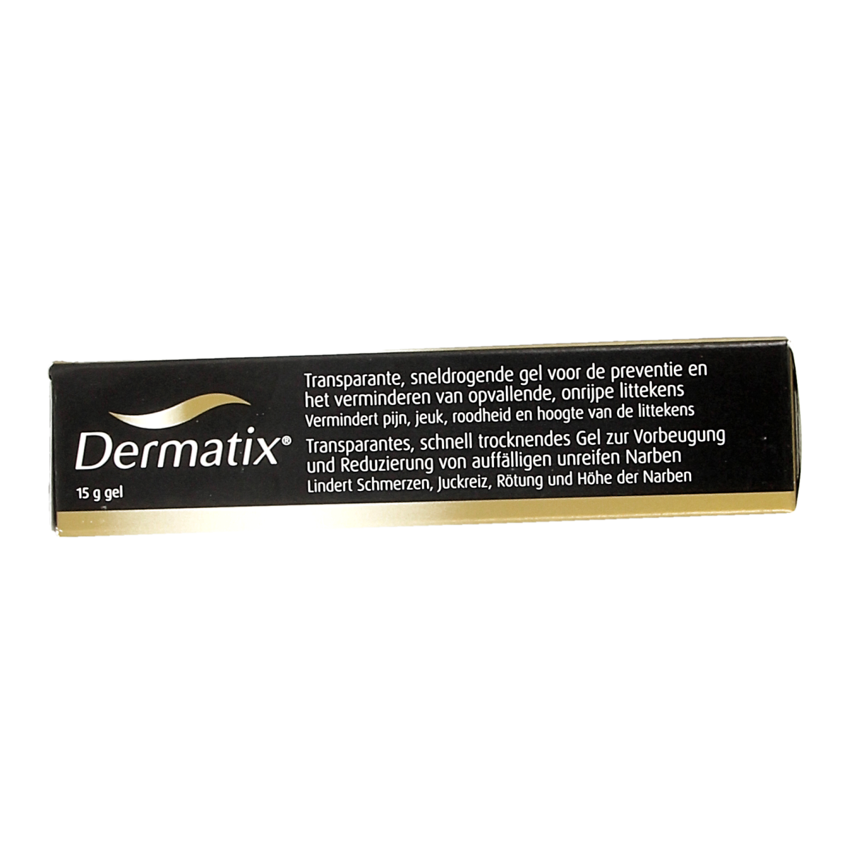 Dermatix Siliconen gel in 15g tube, a body care product for scar treatment, with a sleek white packaging and clear applicator.