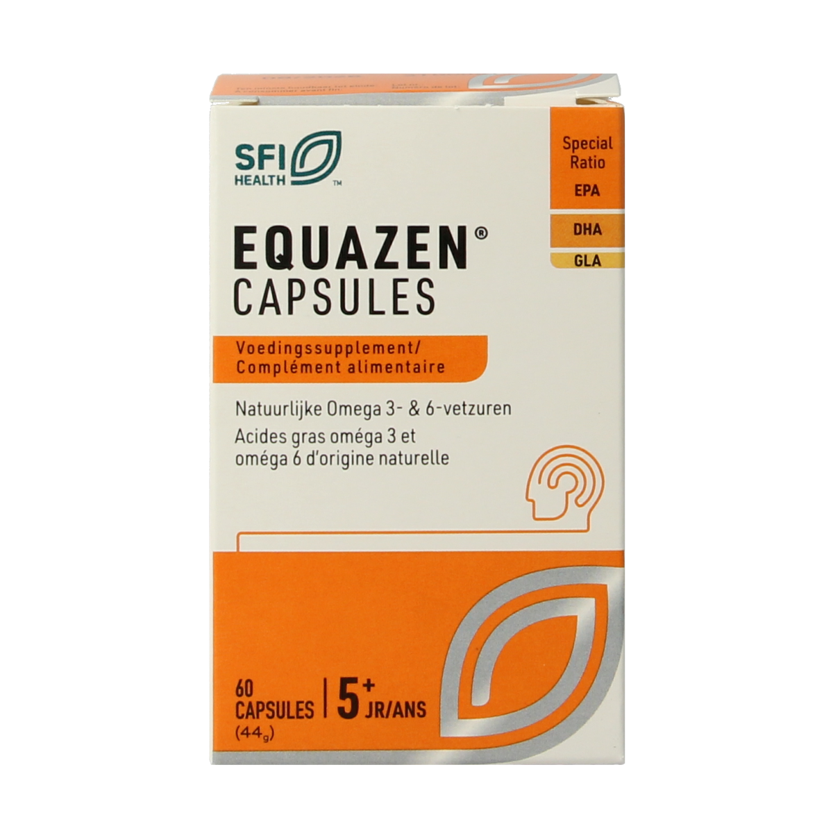 SFI Health Equazen omega 3 and 6 fatty acids capsules in a bottle, 60 capsules, with label showing product details.