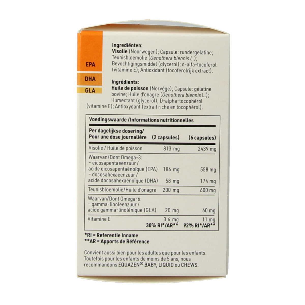 SFI Health Equazen omega-3 and omega-6 Vetzuren capsules, 60-count bottle, showing the supplement capsules and packaging.