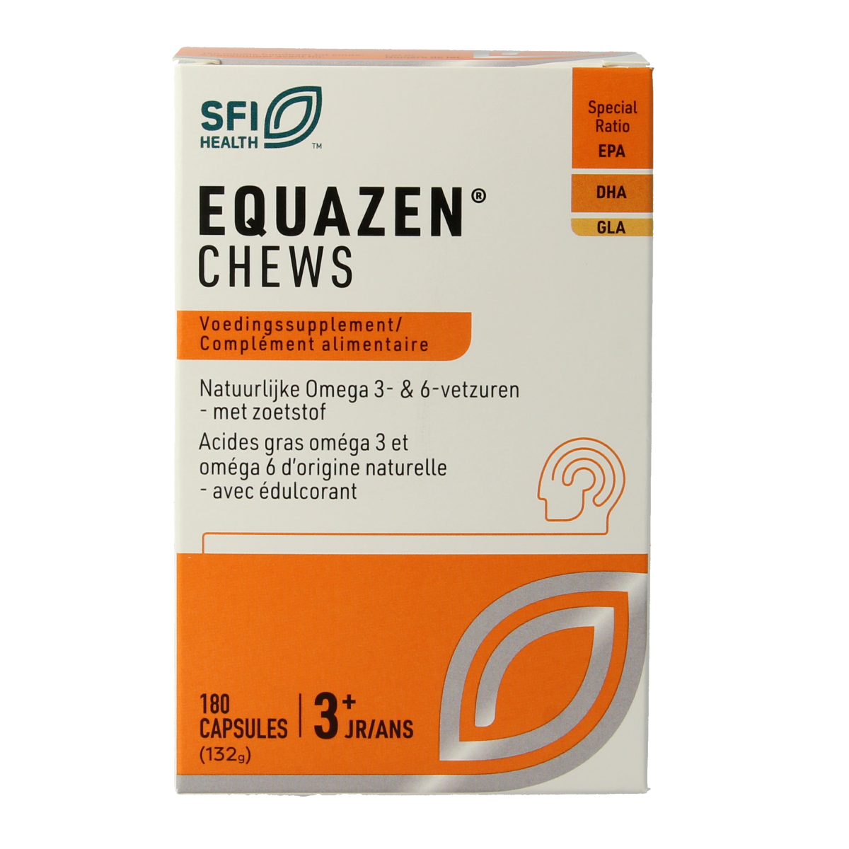 SFI Health Equazen Omega 3-6 Vetzuren chews in a container with colorful capsules visible inside.