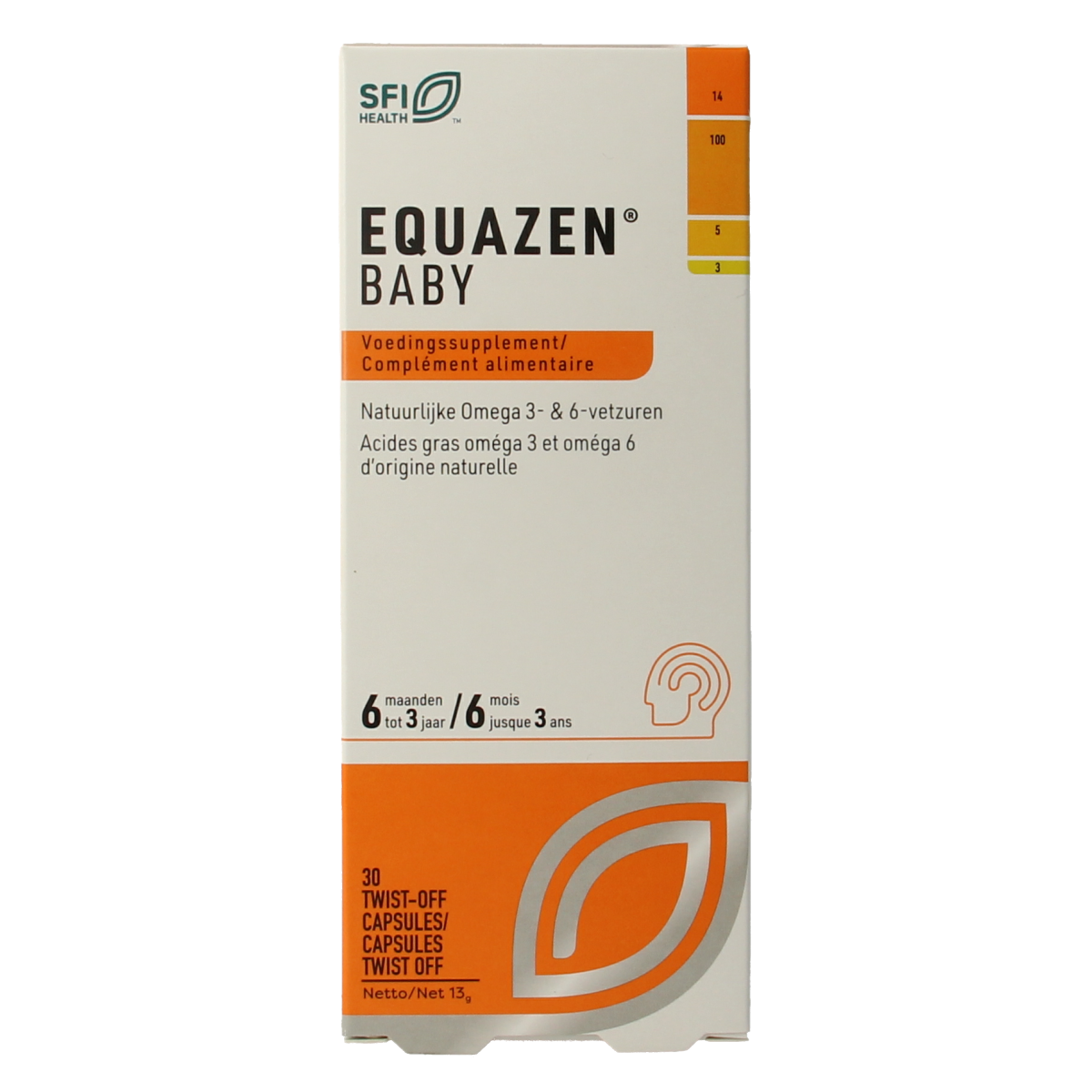 SFI Health Equazen baby omega-3 and 6 fatty acids in 30 ampules showing the product packaging and ampules.