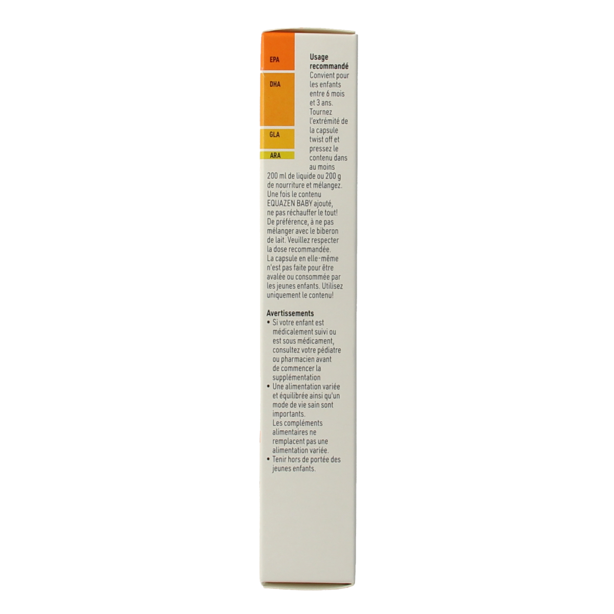 SFI Health Equazen baby omega-3 and 6 fatty acids in a 30-ampoule pack, showing clear ampoules filled with liquid supplement.