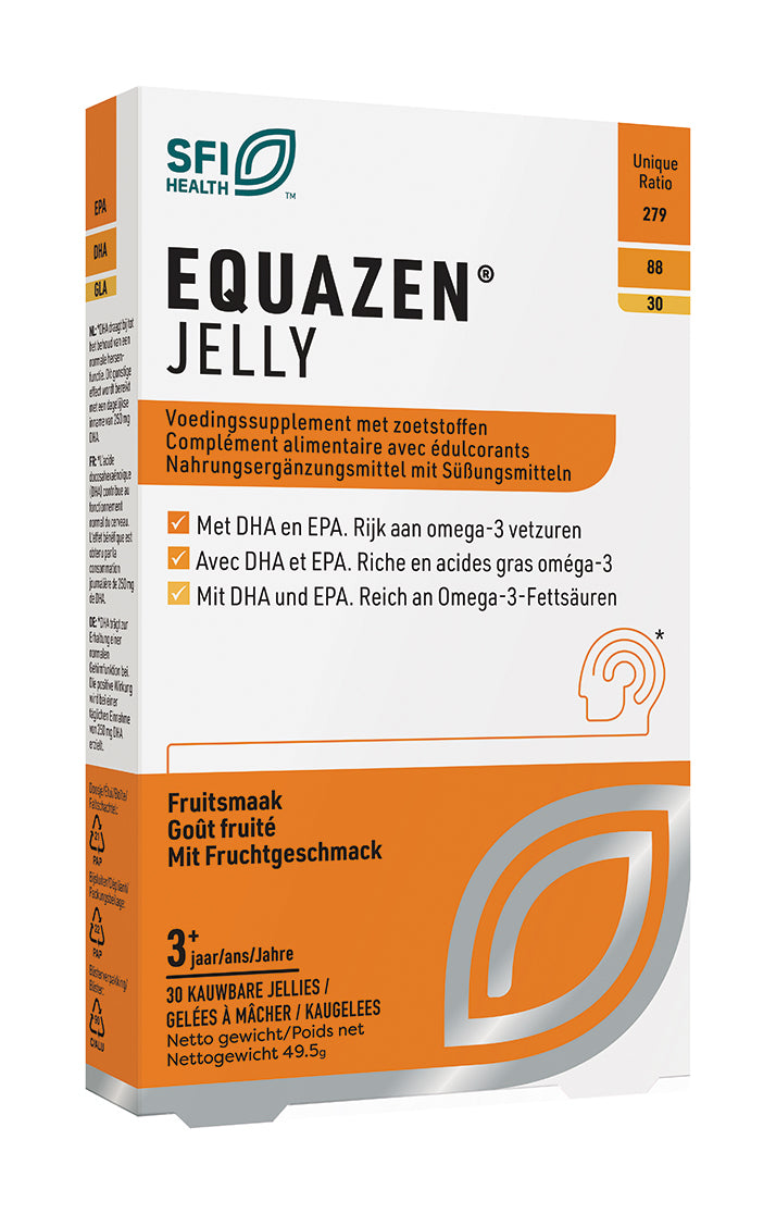 Equazen Jelly omega 3 and 6 fatty acids supplement, 30 pieces, featuring colorful jelly supplements in a clear container.