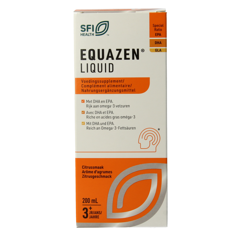 Bottle of Equazen citrus-flavored omega 3 and 6 fatty acids liquid supplement, 200ml, with a clear label and orange cap.