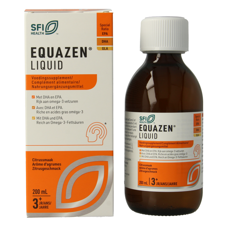 Equazen citrus-flavored omega-3 and omega-6 fatty acids liquid in a 200ml bottle, natural supplement for health.