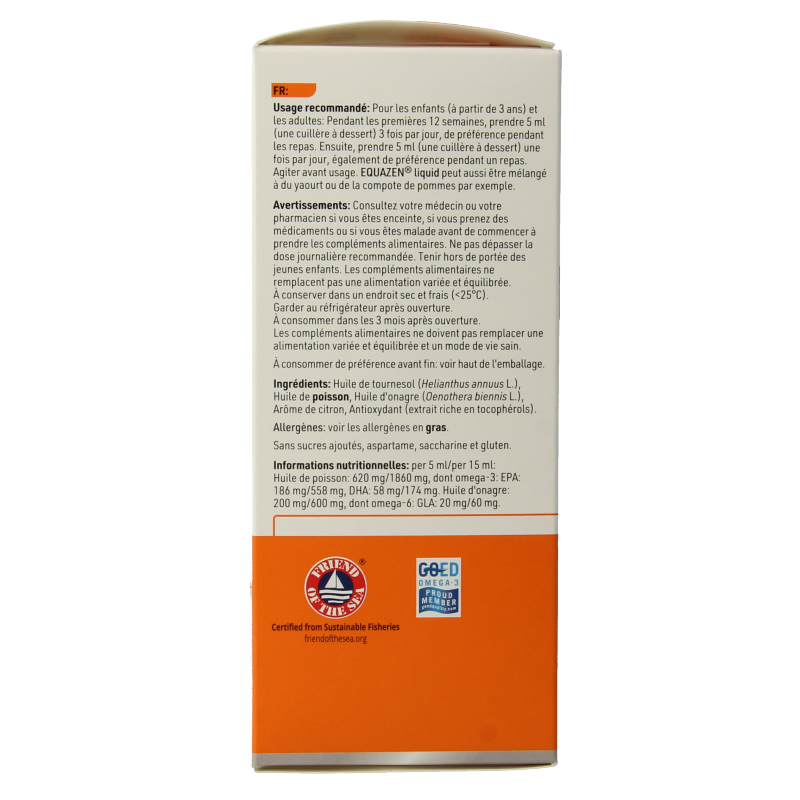 Equazen liquid citrus omega-3 and omega-6 fatty acids in a 200ml bottle, natural citrus flavor, for healthy brain and eye development.