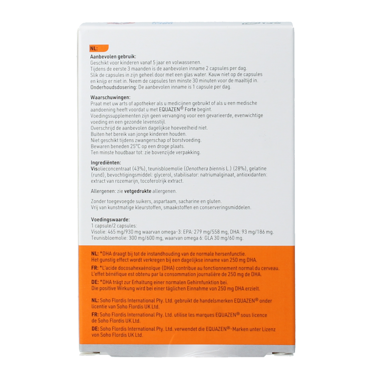 Equazen Forte Vetzuren capsules in a bottle, dietary supplement by Equazen, containing omega-3 and omega-6 fatty acids.