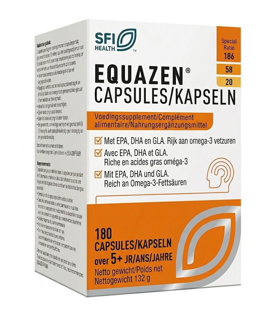 Equazen Omega 3-6 Vetzuren softgels in a white bottle, showing 180 softgel capsules for dietary supplement use.
