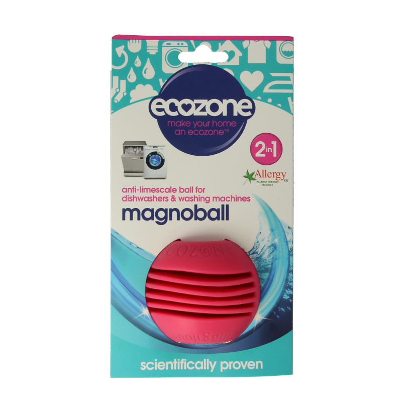 EcoZone Magnoball for washing machine and dishwasher, reusable descaler ball, natural cleaning product for appliance maintenance.