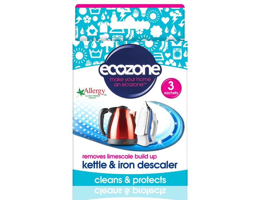 EcoZone descaling tablets for kettles and irons, 3-pack, eco-friendly cleaning product for removing limescale buildup.