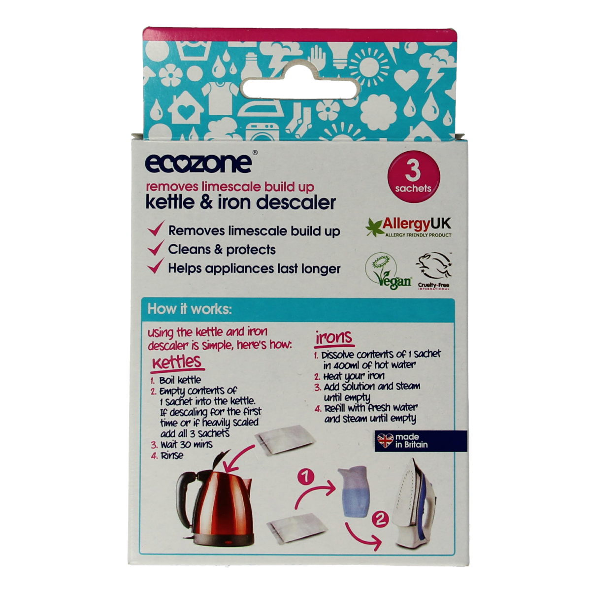 EcoZone descaling tablets for kettles and irons, 3-pack, eco-friendly cleaning products for appliance maintenance.