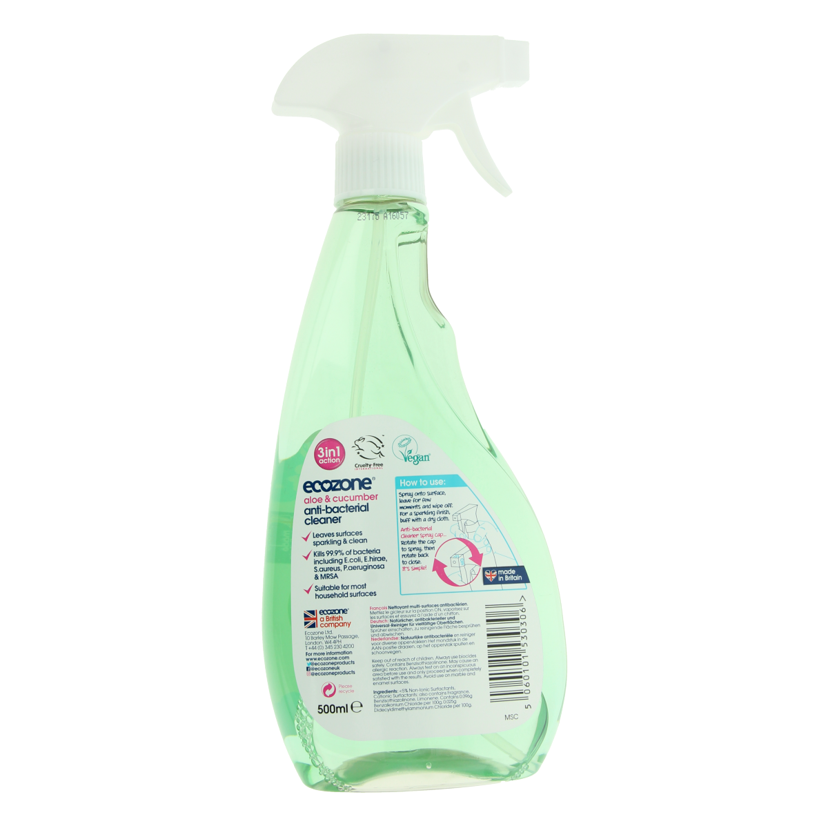 EcoZone antibacteriële allesreiniger 3-in-1 spray in 500 ml bottle, ideal voor schoonmaken en desinfecteren van diverse oppervlakken.