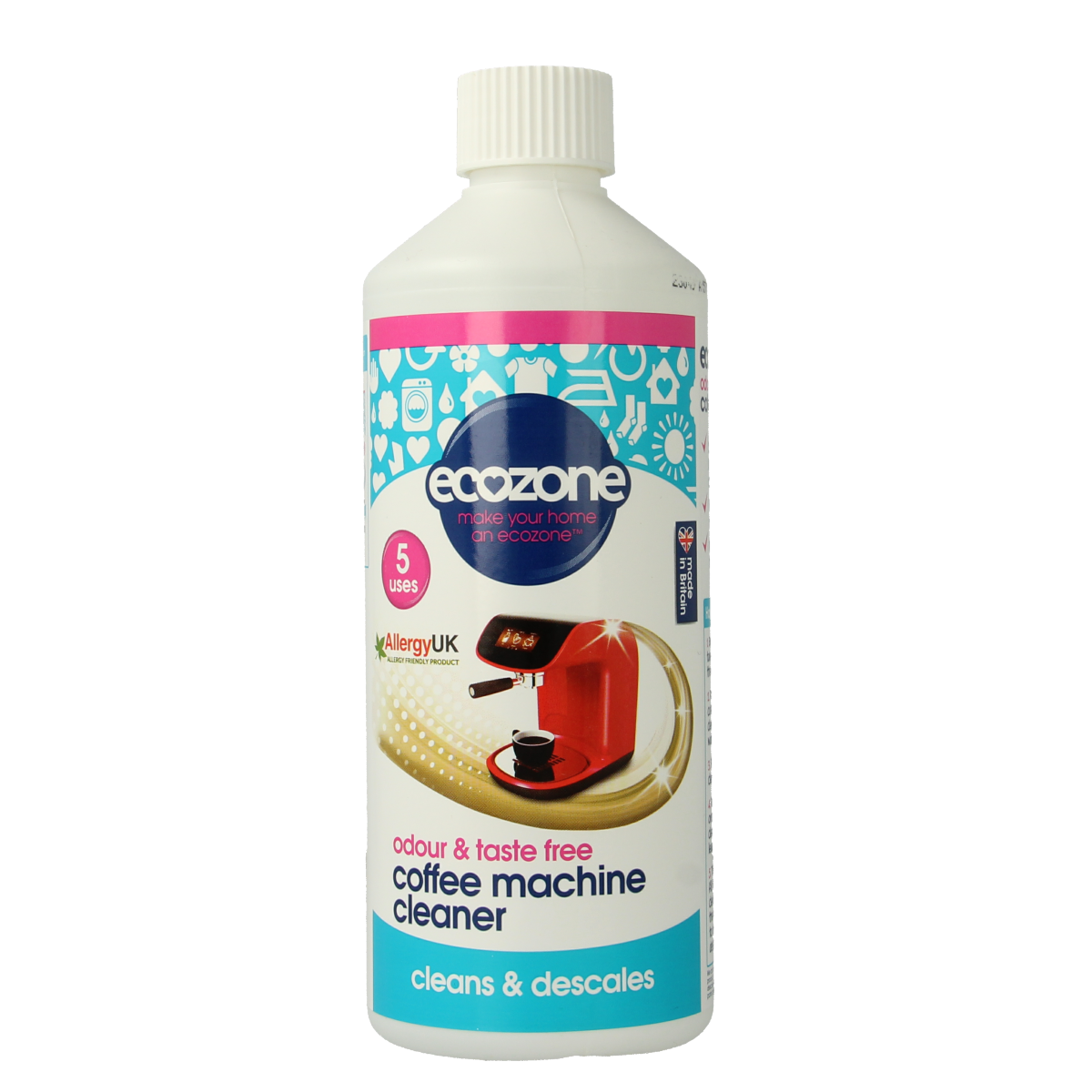 EcoZone coffee machine cleaner bottle with 500ml capacity, eco-friendly cleaning product for coffee machines.