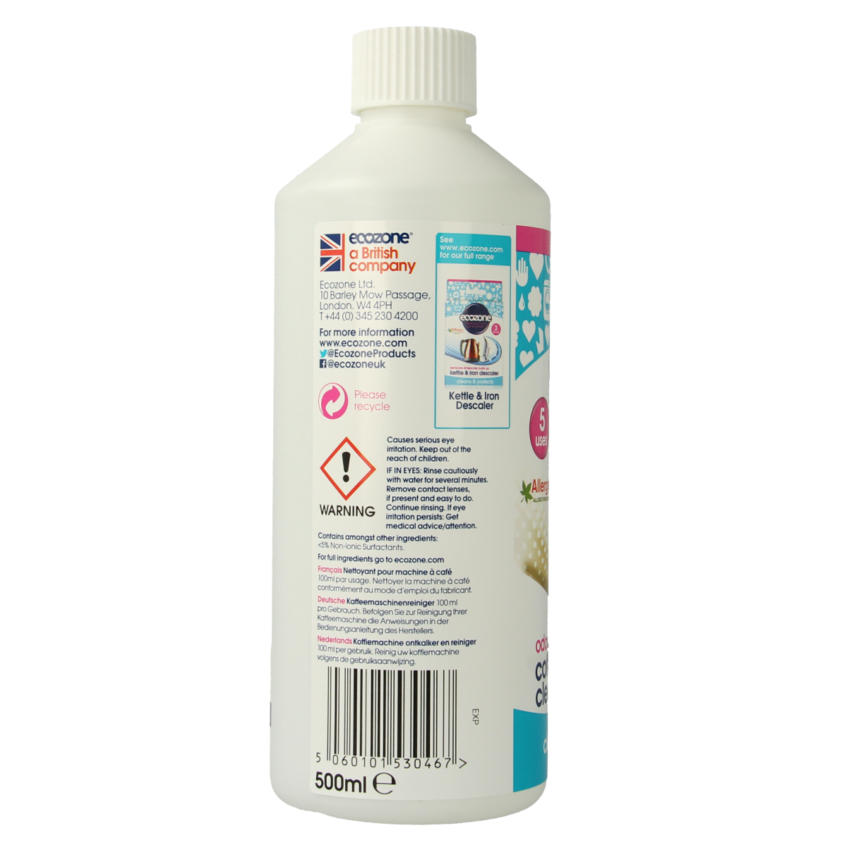 EcoZone coffee machine cleaner 500ml bottle, eco-friendly cleaning product for removing coffee oil and residue from appliances.