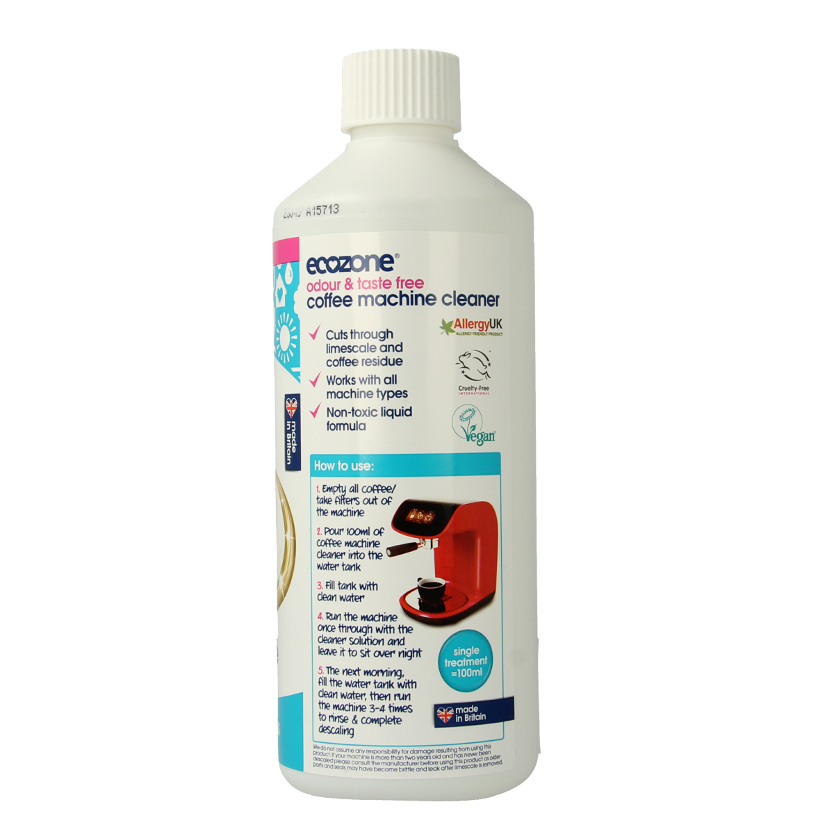 EcoZone coffee machine cleaner in a 500ml bottle, suitable for cleaning and maintaining coffee machines and appliances.